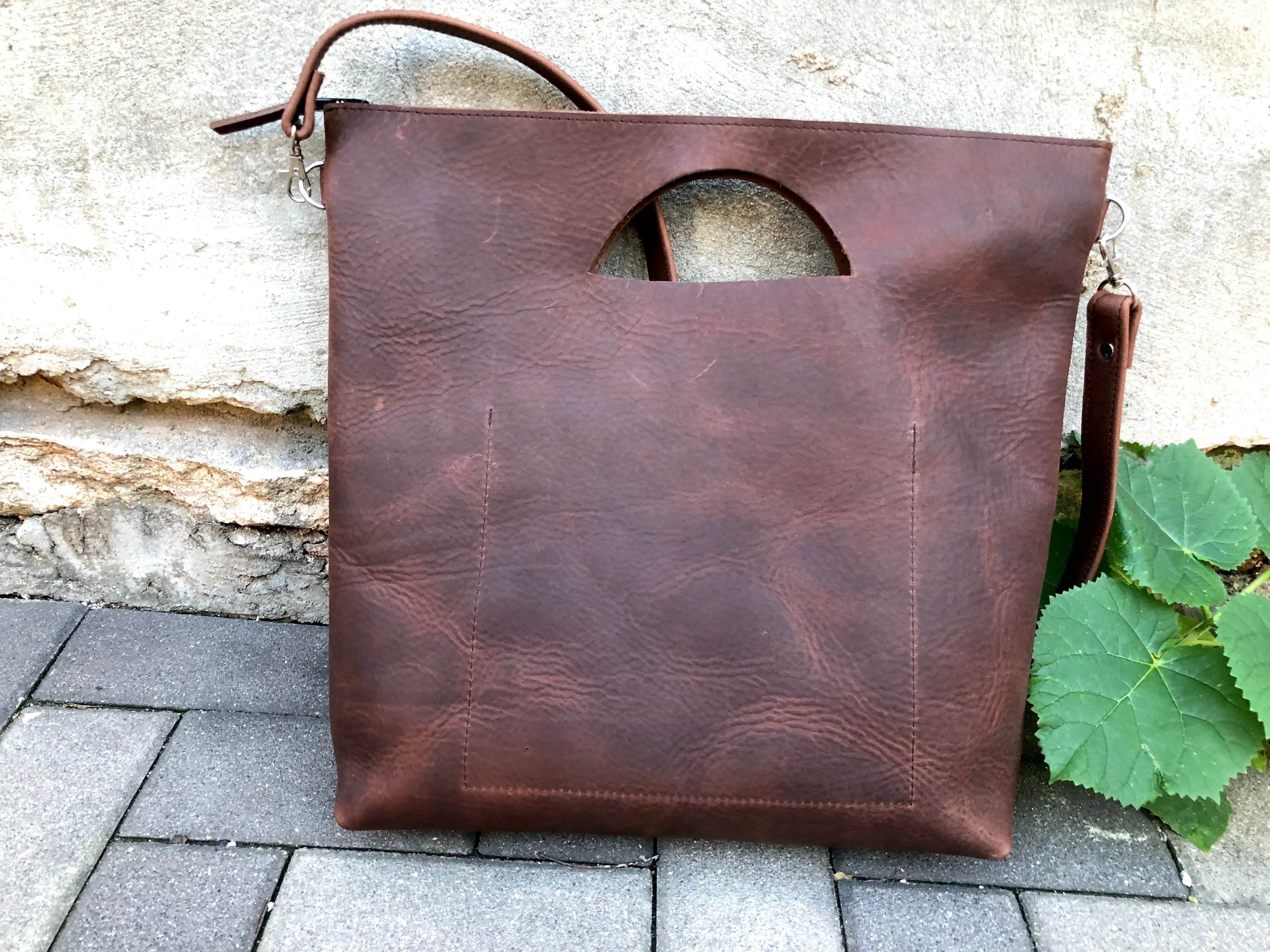 Tall crossbody leather tote bag Unique handmade purse