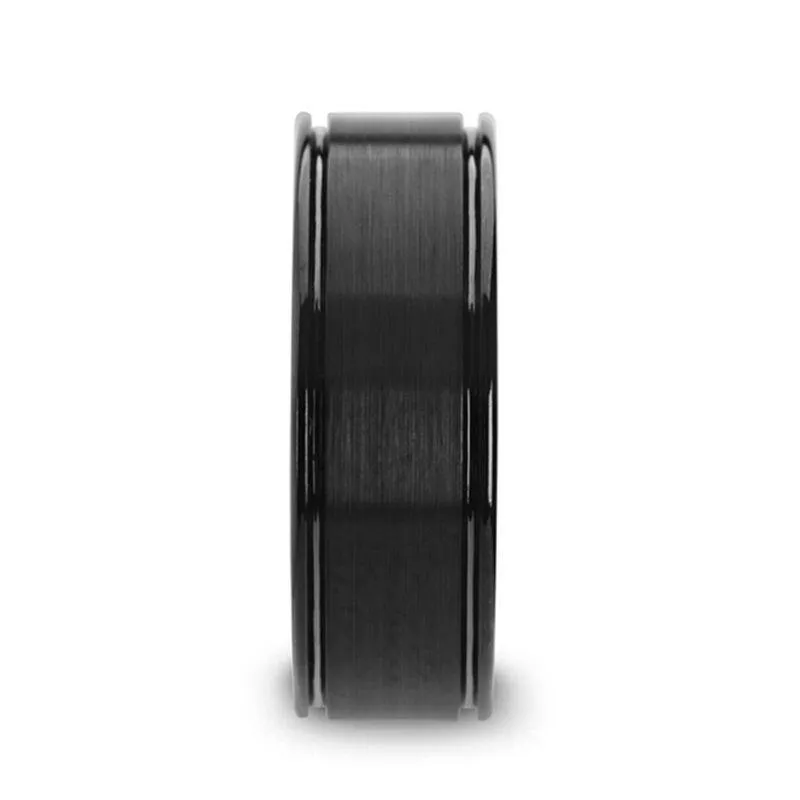 Thorsten BLACKHEART Flat Brushed Finish Center Black Ceramic Wedding Band with Dual Offset Grooves and Polished Edges - 6mm or 8mm