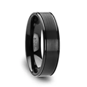 Thorsten BLACKHEART Flat Brushed Finish Center Black Ceramic Wedding Band with Dual Offset Grooves and Polished Edges - 6mm or 8mm