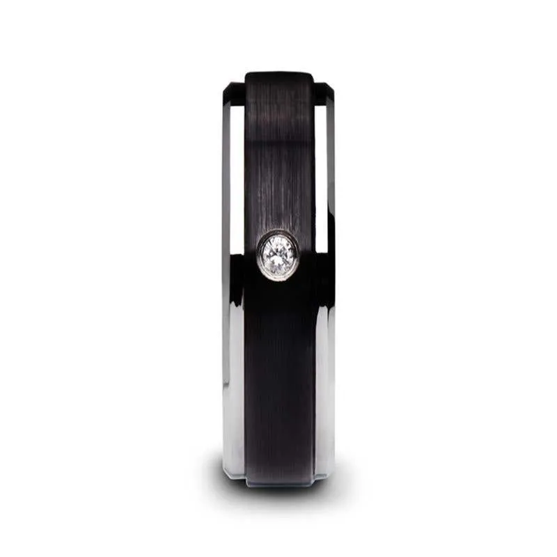 Thorsten MONARCH Black Ceramic Wedding Band with Diamond, Polished Beveled Step Edges, & Raised Brush Center - 6mm & 8mm