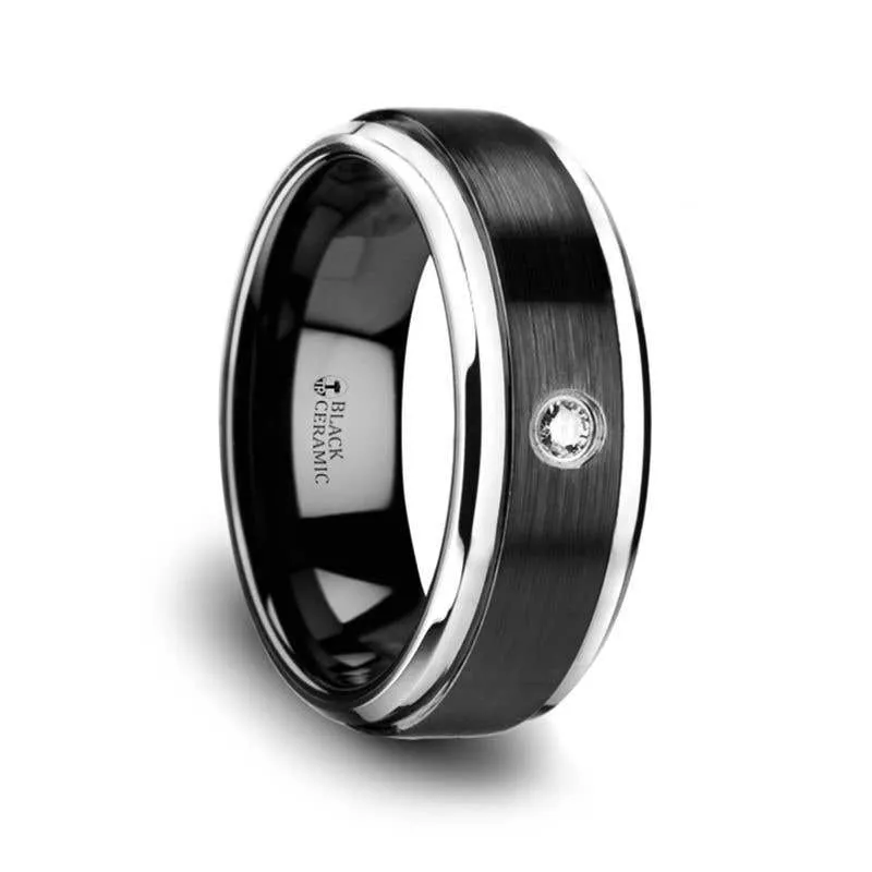 Thorsten MONARCH Black Ceramic Wedding Band with Diamond, Polished Beveled Step Edges, & Raised Brush Center - 6mm & 8mm