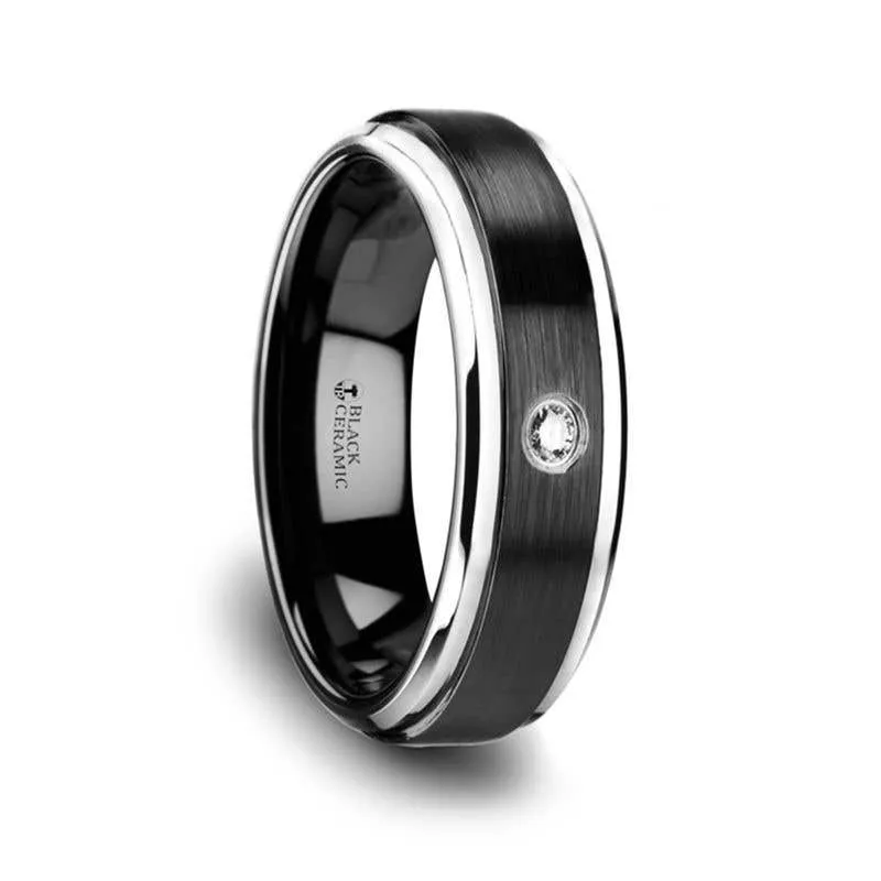 Thorsten MONARCH Black Ceramic Wedding Band with Diamond, Polished Beveled Step Edges, & Raised Brush Center - 6mm & 8mm