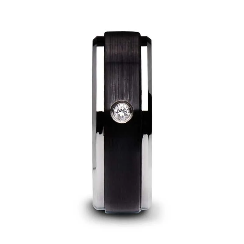 Thorsten MONARCH Black Ceramic Wedding Band with Diamond, Polished Beveled Step Edges, & Raised Brush Center - 6mm & 8mm