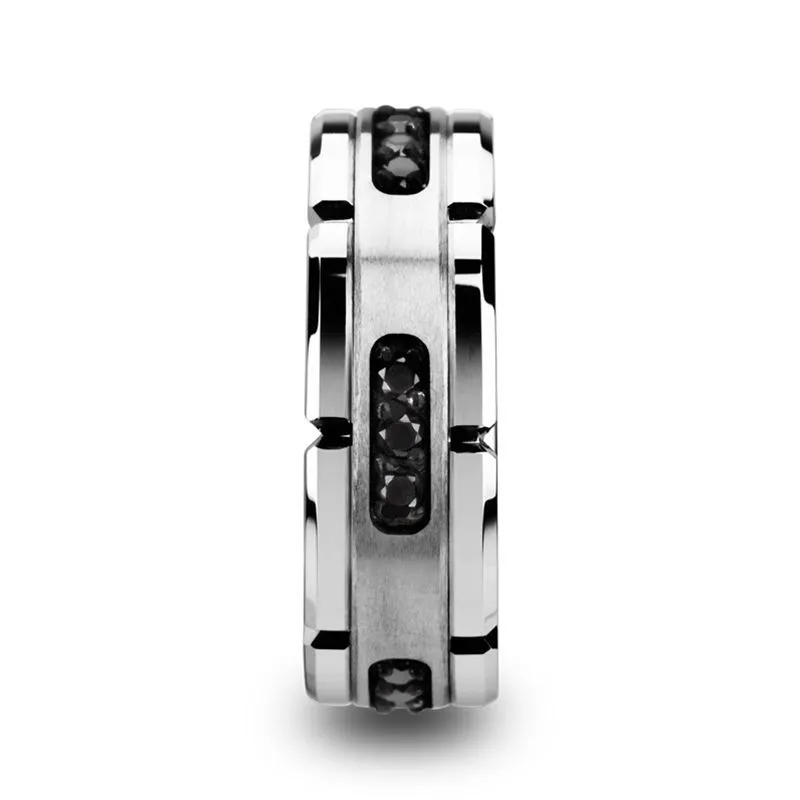 Thorsten VALOR Grooved Tungsten Ring with Silver Inlay & Black Diamonds - 8mm Band