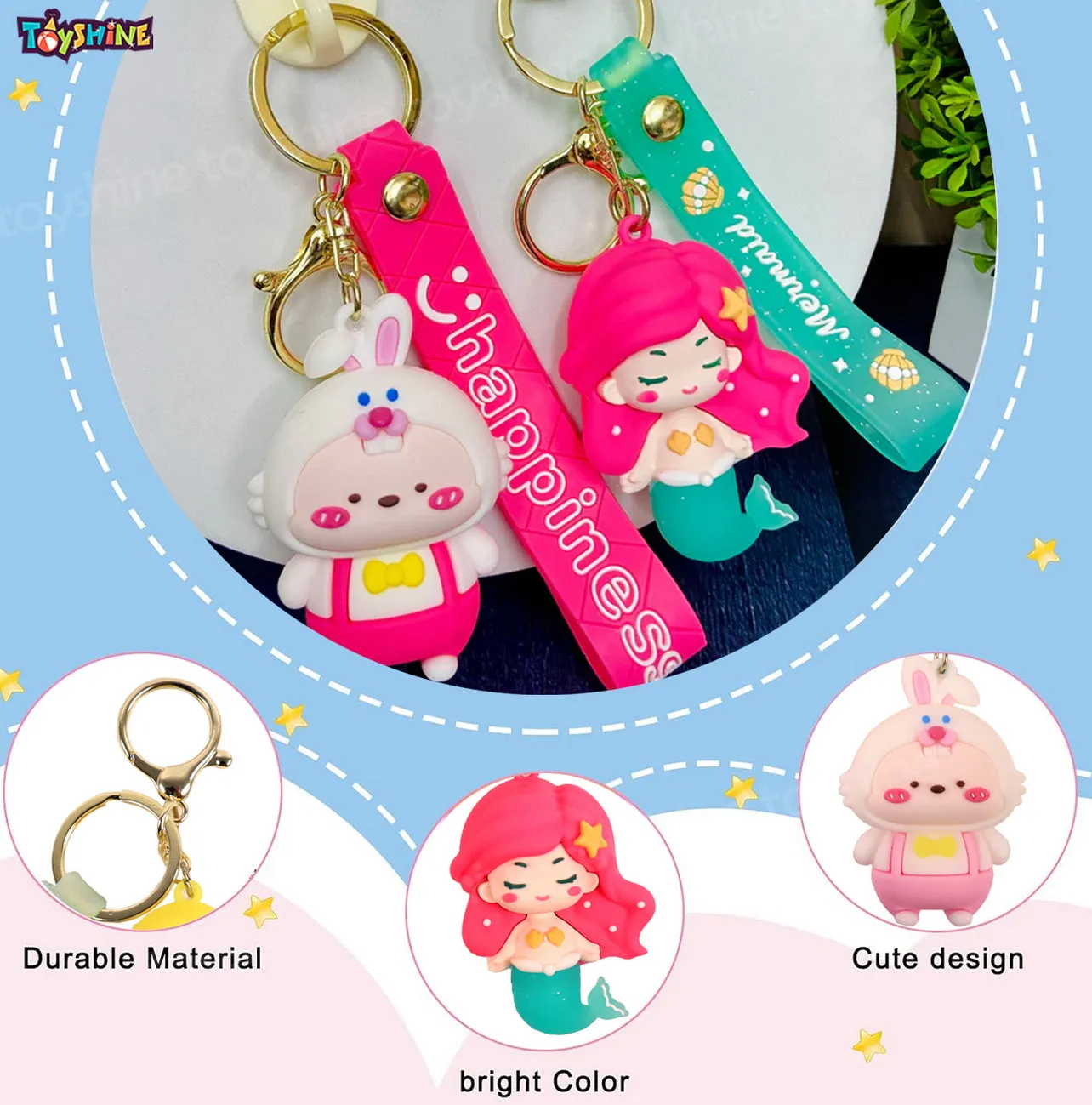 Toyshine 3 Set Mermaid with Unicorn Cartoon Figure Kawaii Keychains with Holder Accessories, Backpack Car Key Chain for Boy Girl - Model F