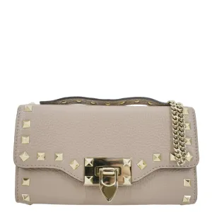 VALENTINO Garavani Small Rockstud Flap Leather Crossbody Bag Beige