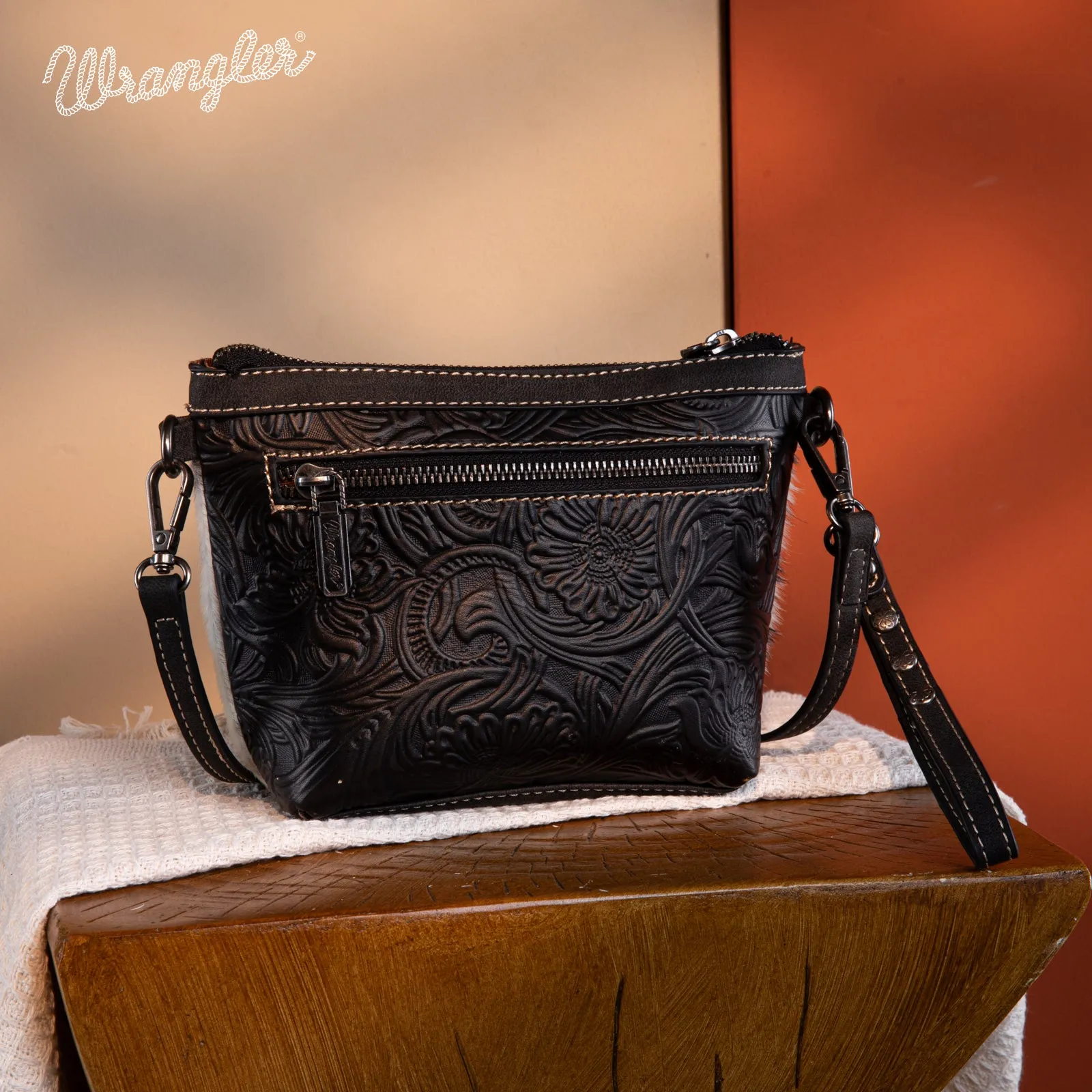 WG169-1812  Wrangler Genuine Hair-On Cowhide Crossbody - Black