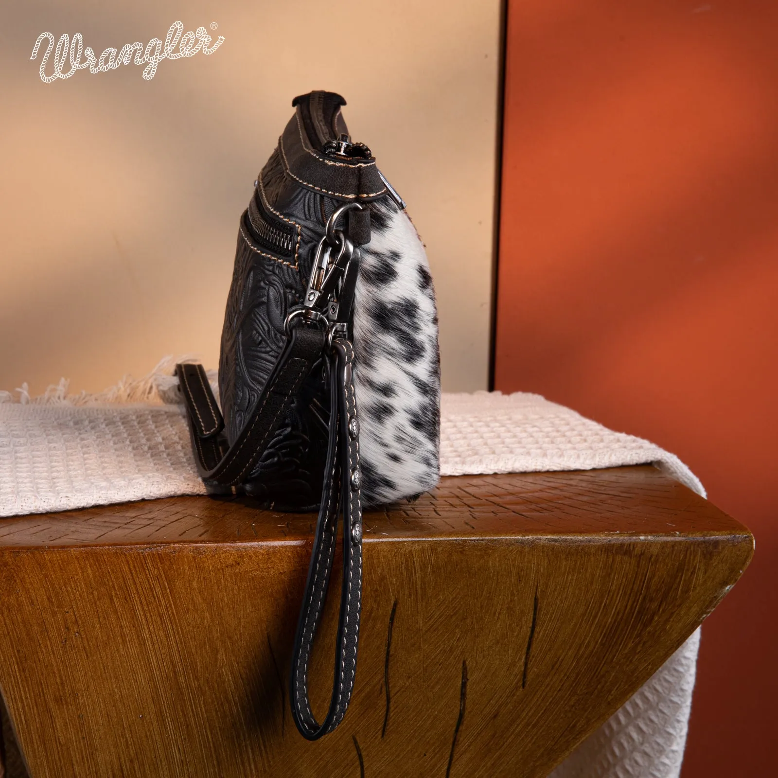WG169-1812  Wrangler Genuine Hair-On Cowhide Crossbody - Black