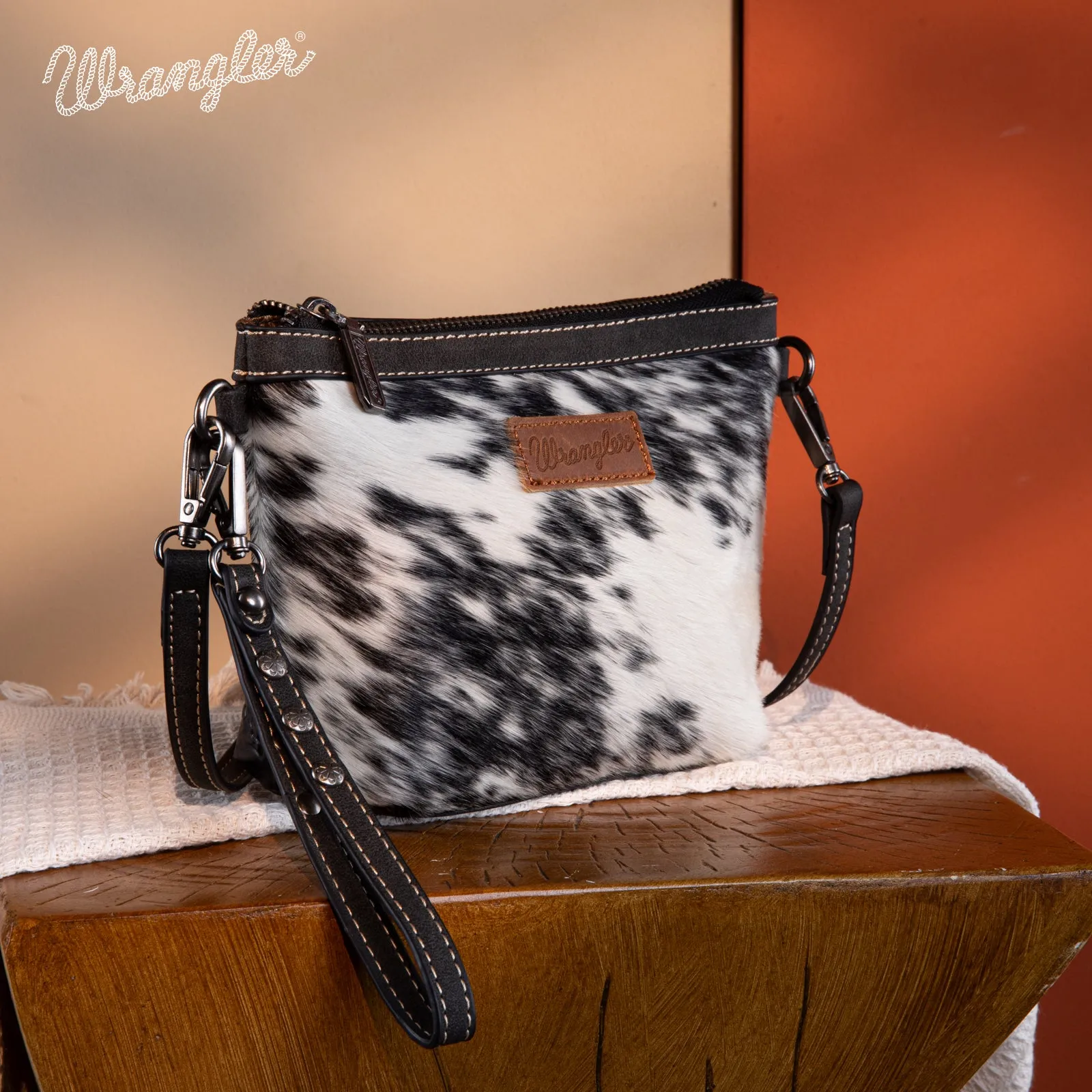 WG169-1812  Wrangler Genuine Hair-On Cowhide Crossbody - Black