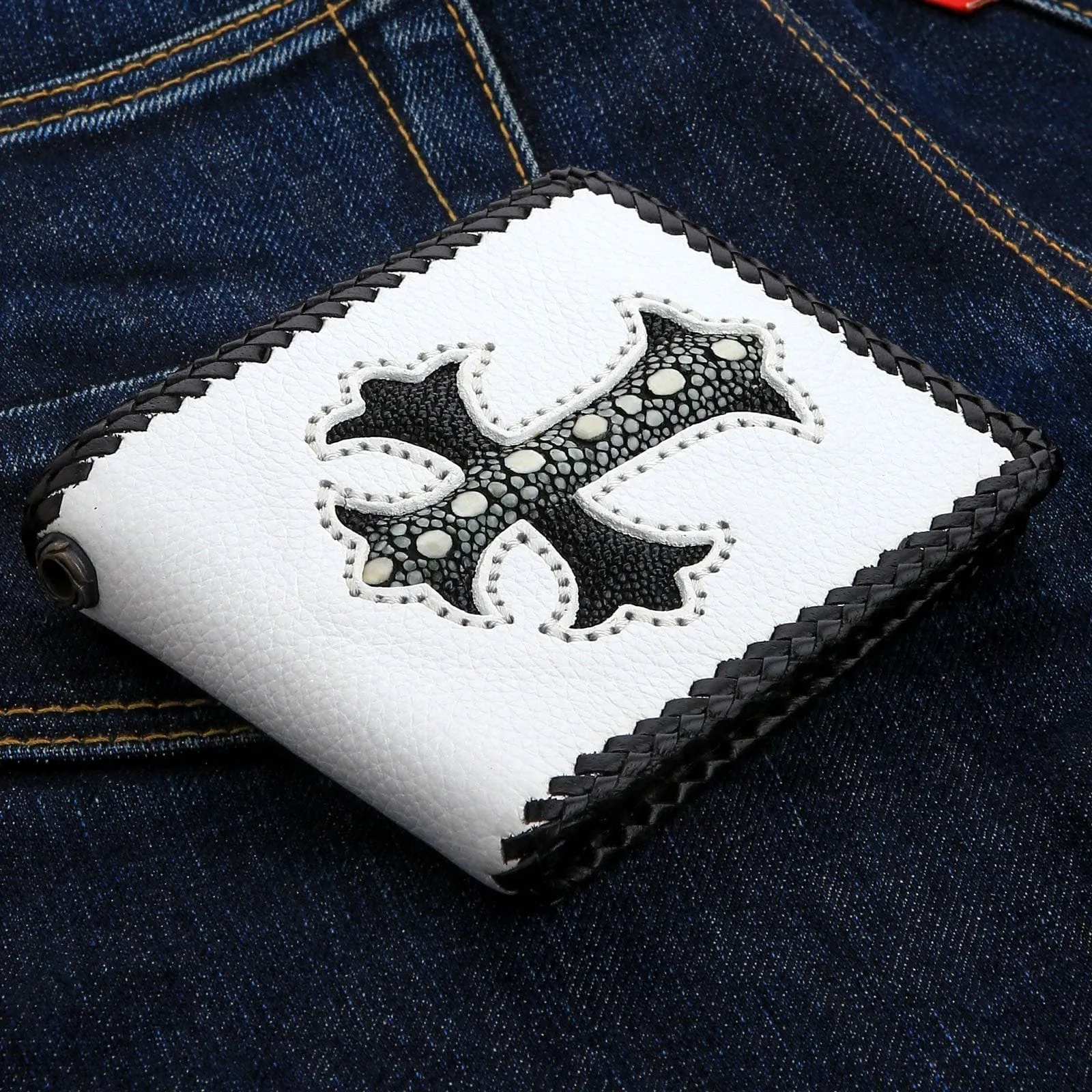 White Stingray Cross Genuine Leather Biker Wallet